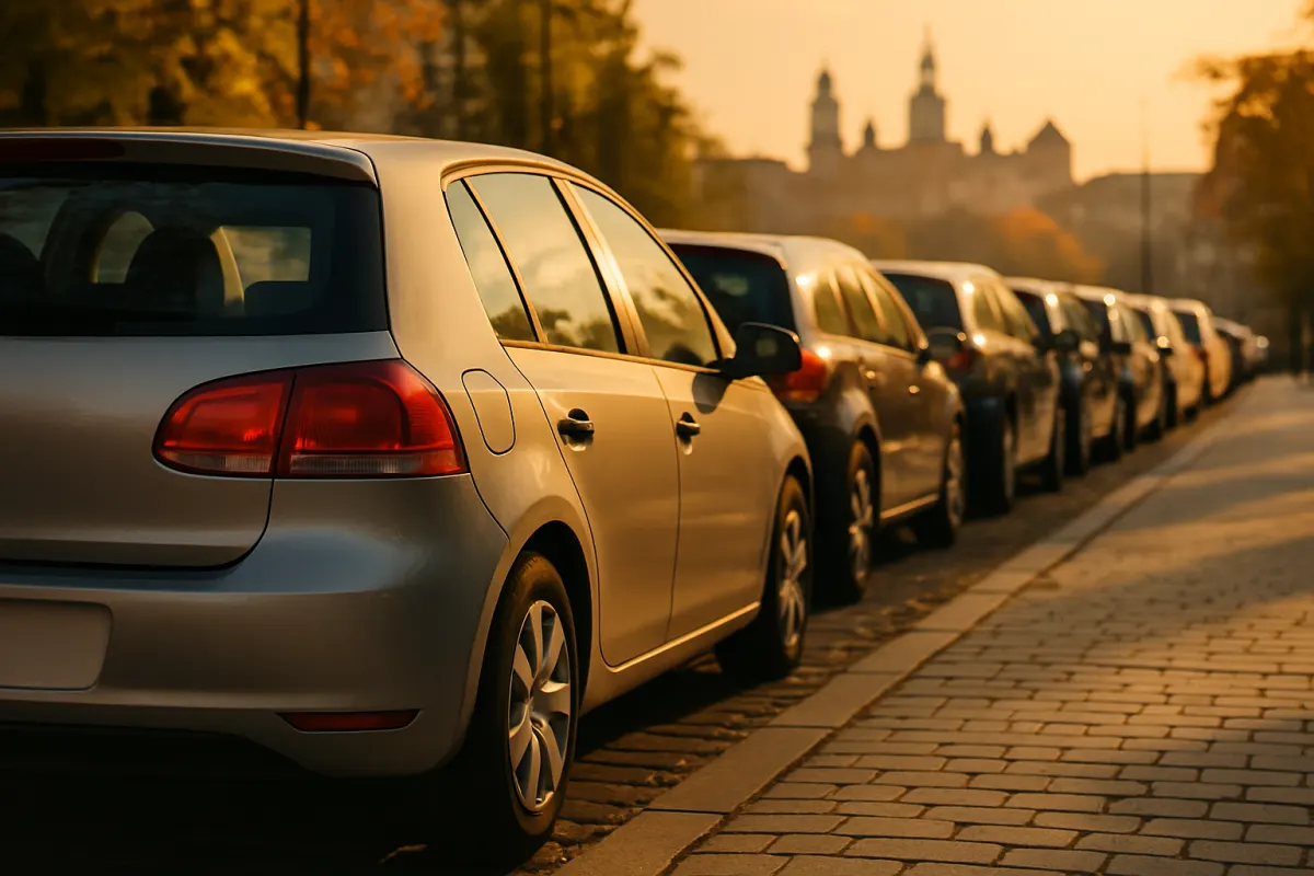 Rząd samochodów osobowych na parkingu w Krakowie o zachodzie słońca